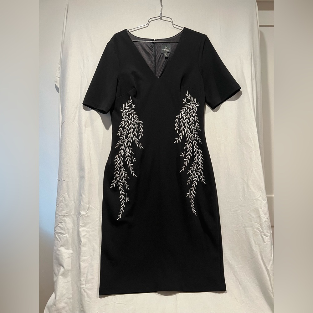 Adrianna Papell Black Midi Dress with White Vine Embroidery 12